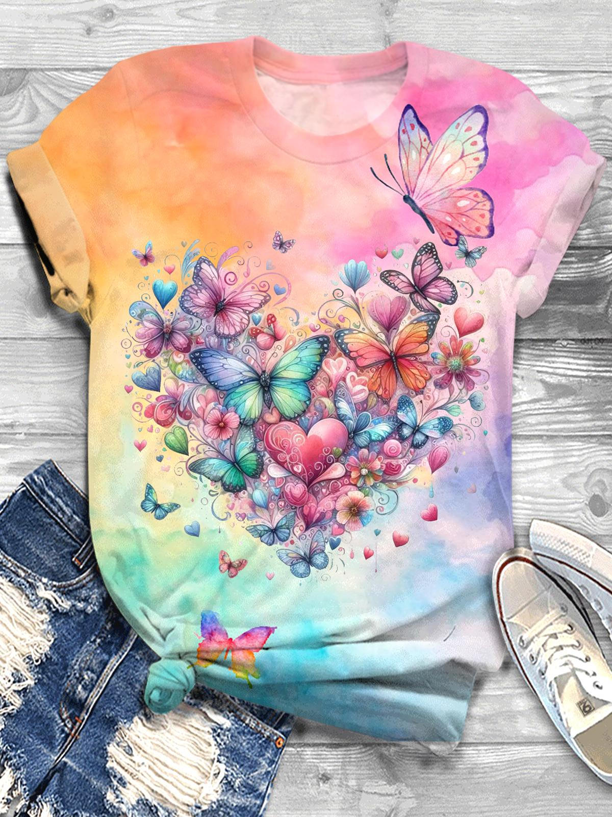 ピンク バタフライ ラブ サマー クルーネック Tシャツ