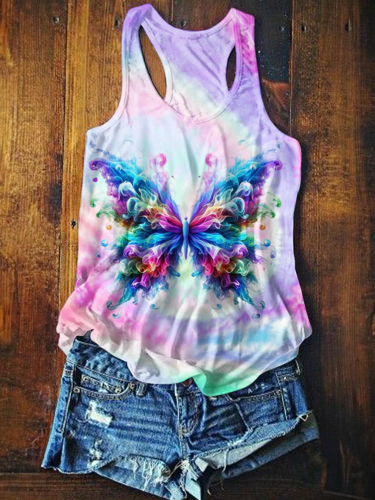 Retro Color Smoke Butterfly Printed Casual Tank Top