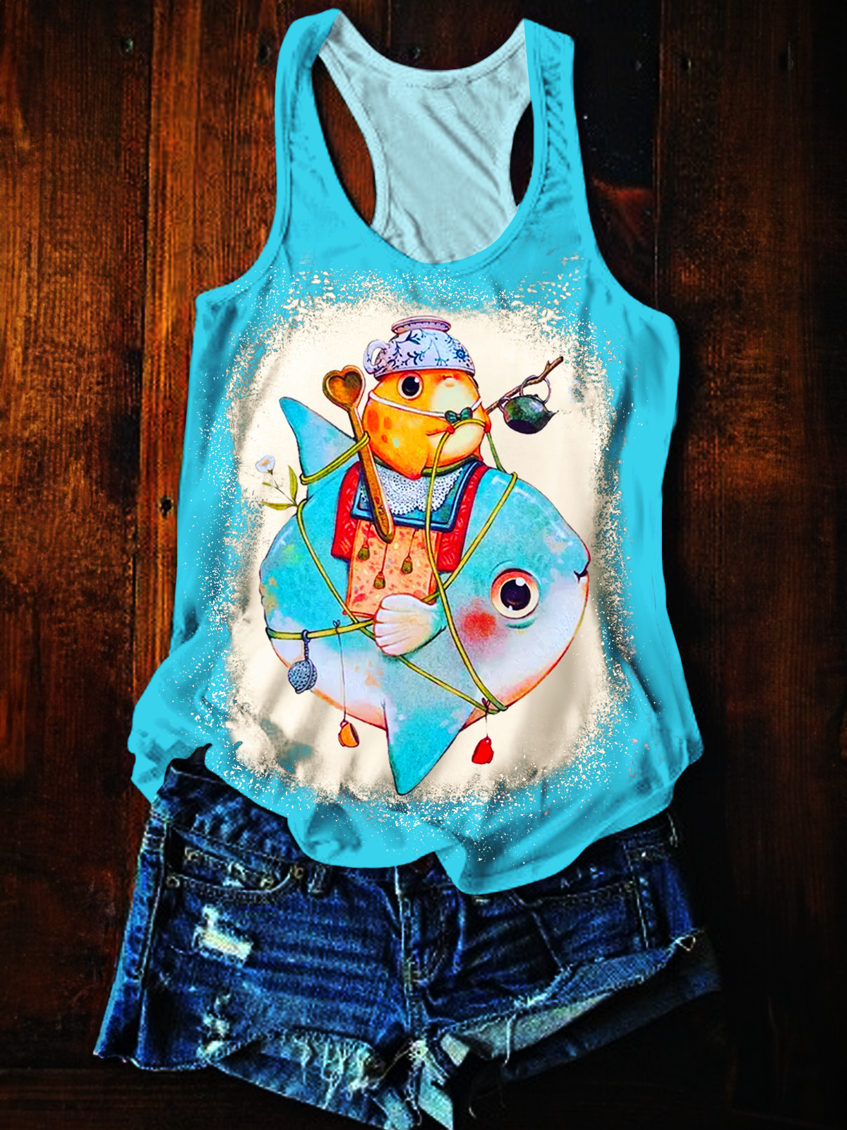 Fish and Frog Printed Casual Tank Top