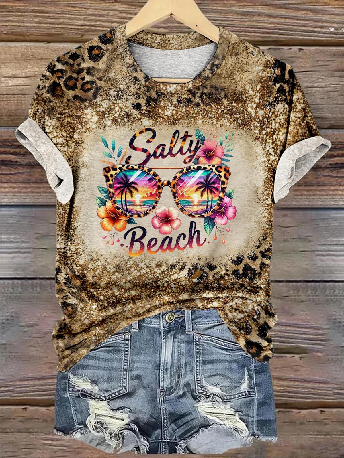 Salty Beach Tropical Flowers Colorful Summer Crew Neck T-shirt