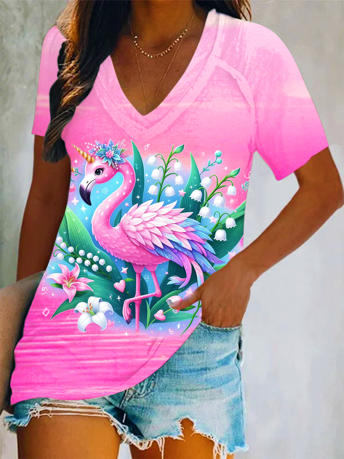 Gradient Summer Vibes Unicorn Flamingo Art Short Sleeve V Neck Print Top