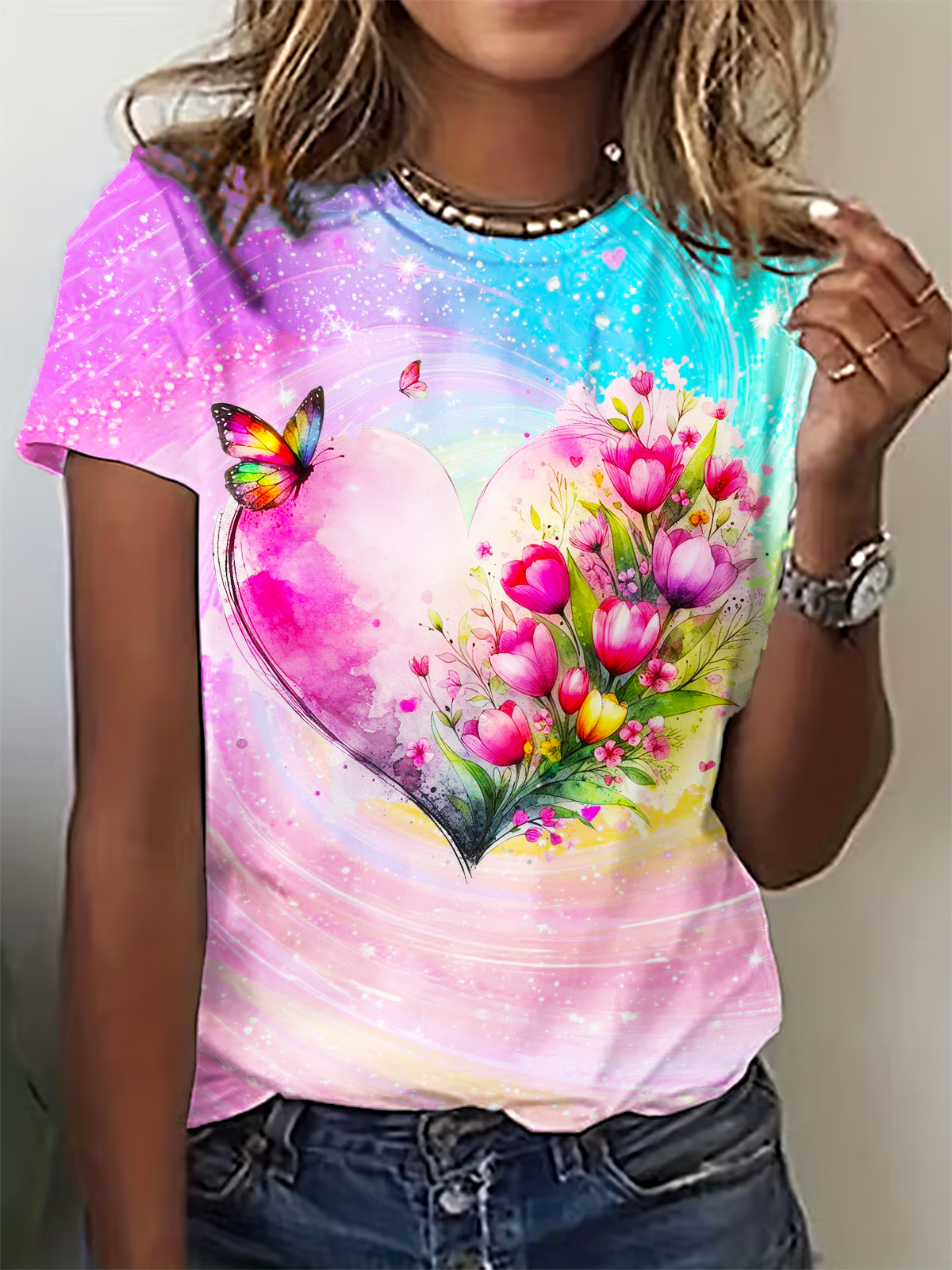 Atmosphere Flowers Butterflies Love Crew Neck T-shirt