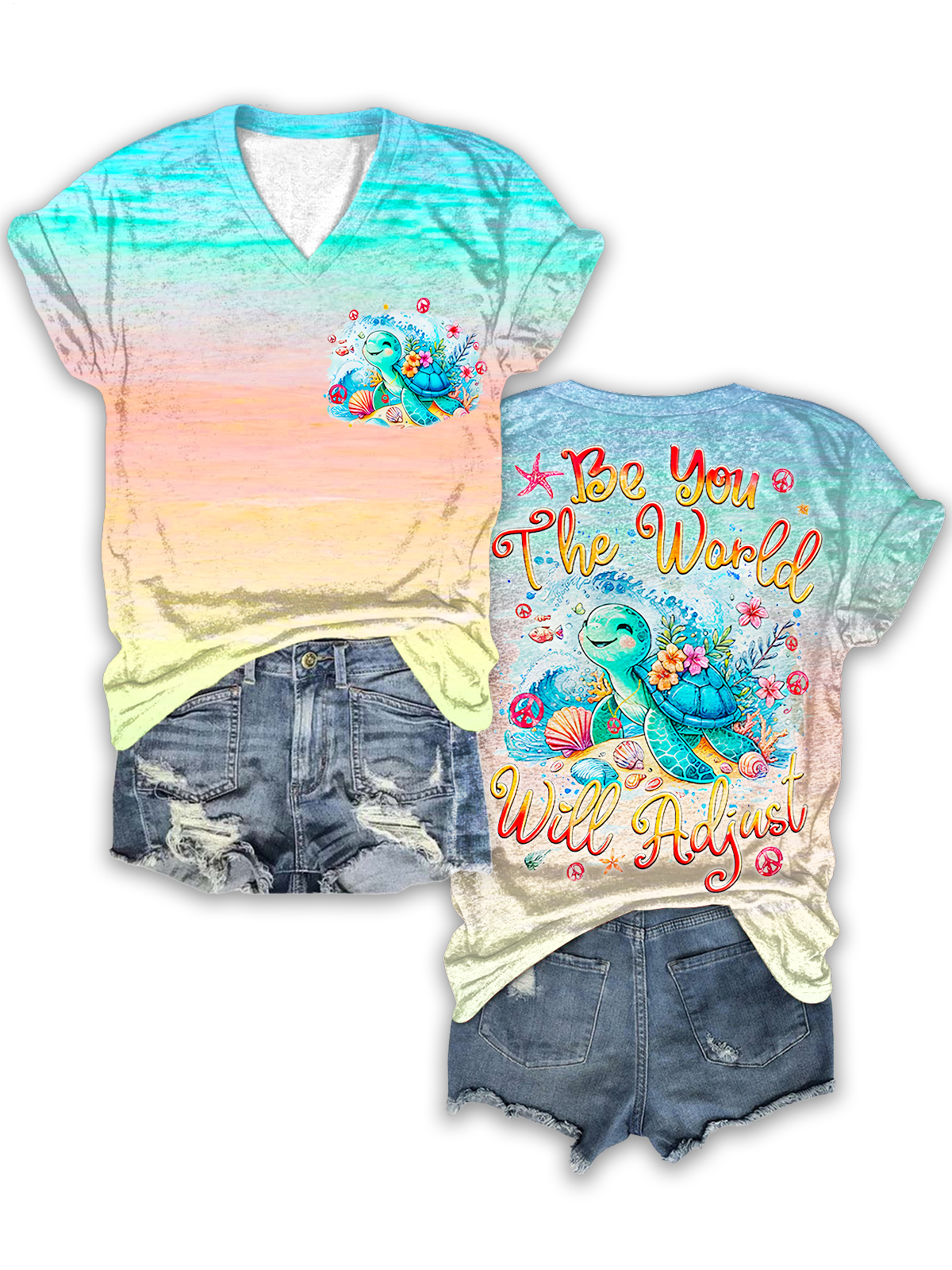 Inspirational Turtle-Be You The World Will Adjust V-neck T-Shirt