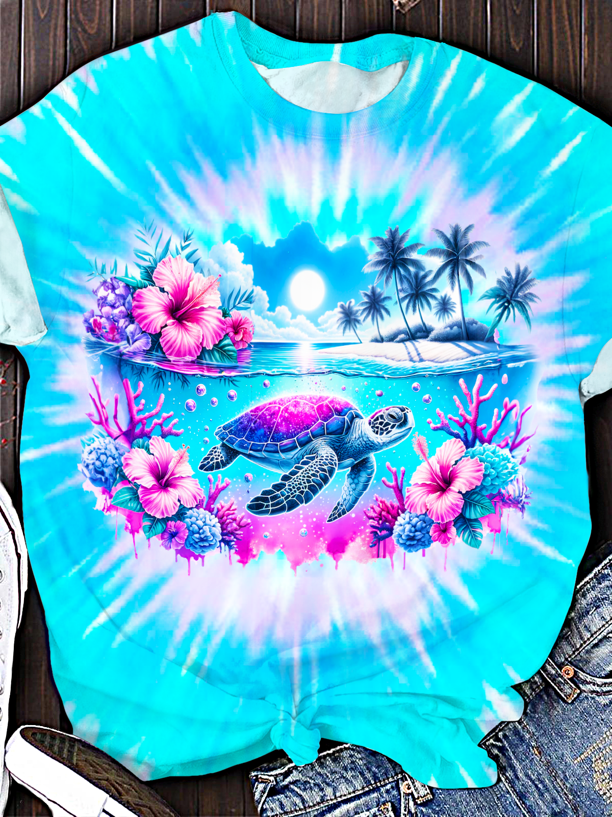 Tie-dye Hibiscus Sea Turtle Crew Neck T-shirt