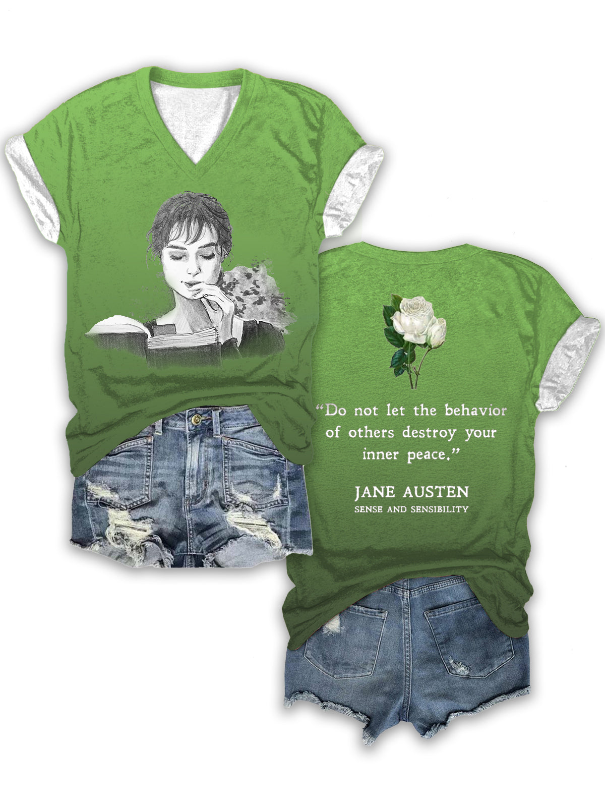 오만과 편견 양면 프린트 V넥 티셔츠