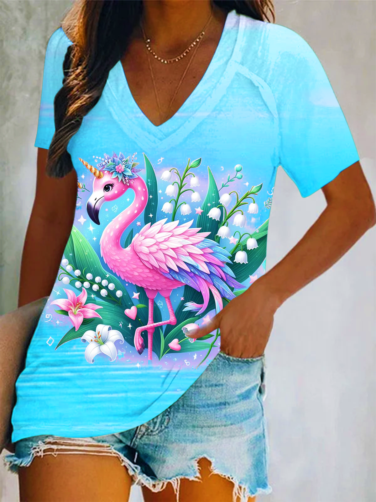 Gradient Summer Vibes Unicorn Flamingo Art Short Sleeve V Neck Print Top