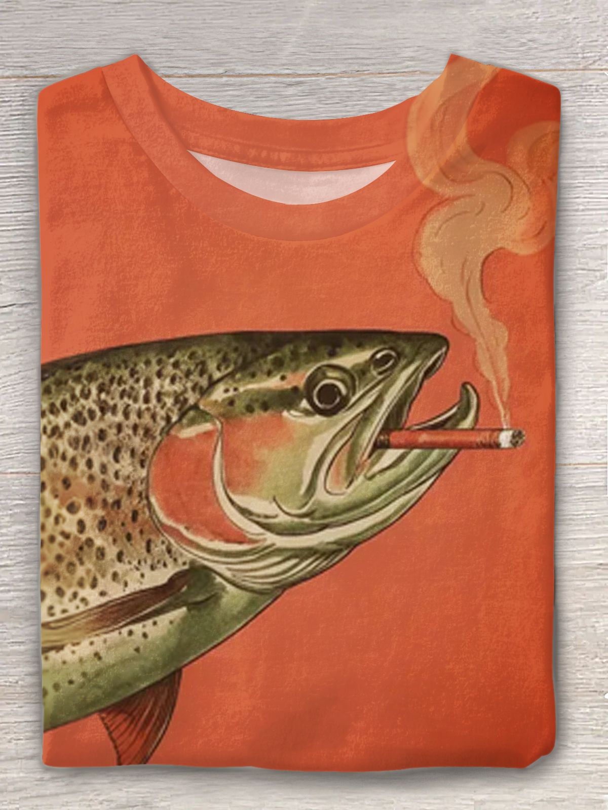 Trout Smoking A Cigarette Vintage Art Crew Neck T-shirt