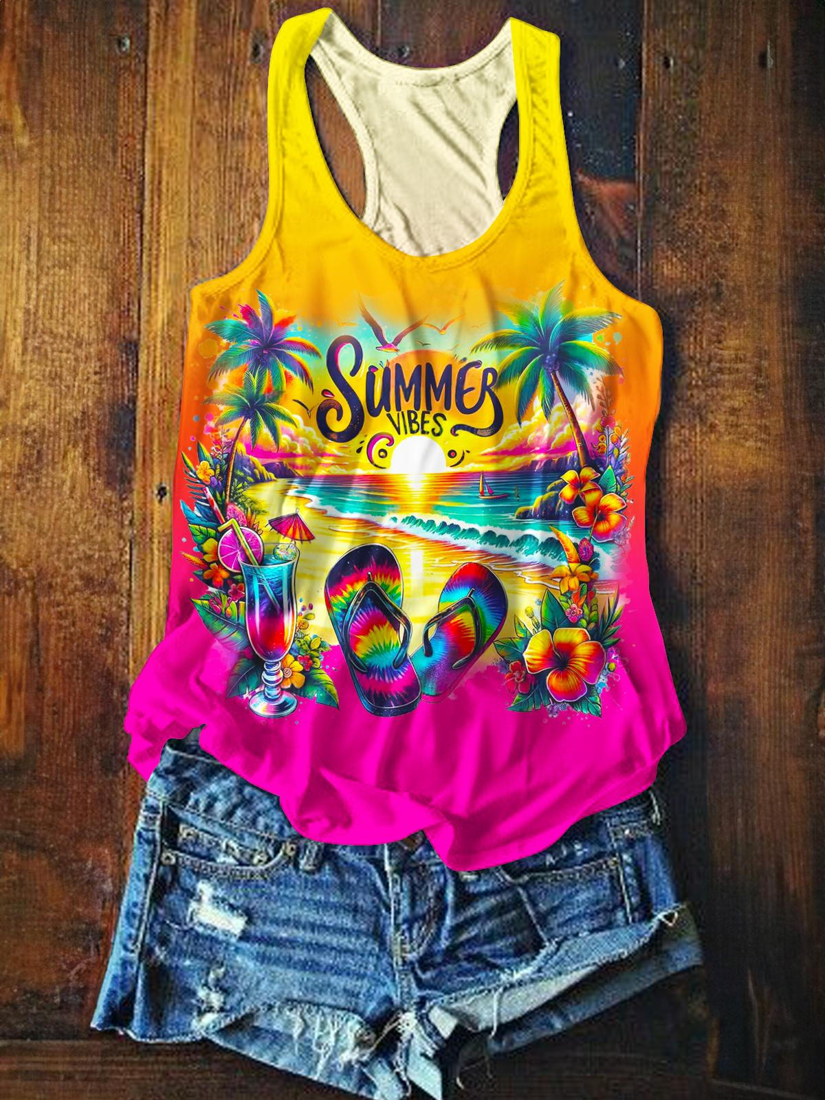 サンシャインホリデープリントカジュアルタンクトップ