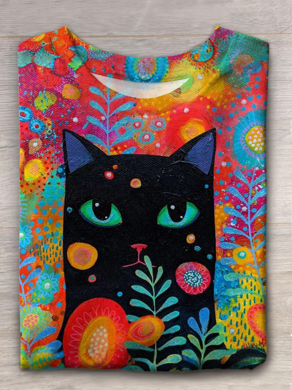 Rainbow Floral Black Cat Crew Neck T-shirt