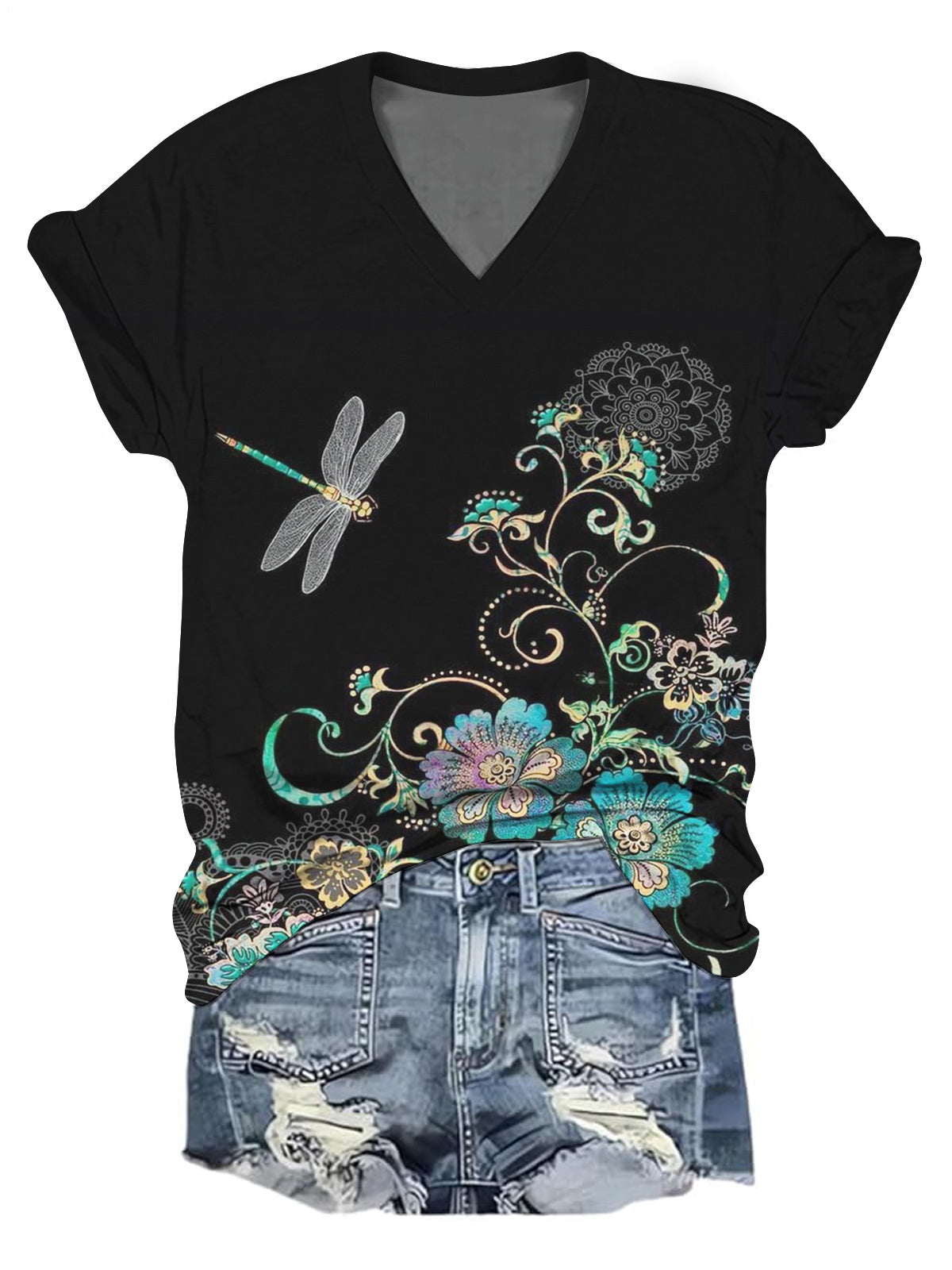 Retro Dragonfly Flower V-neck T-Shirt