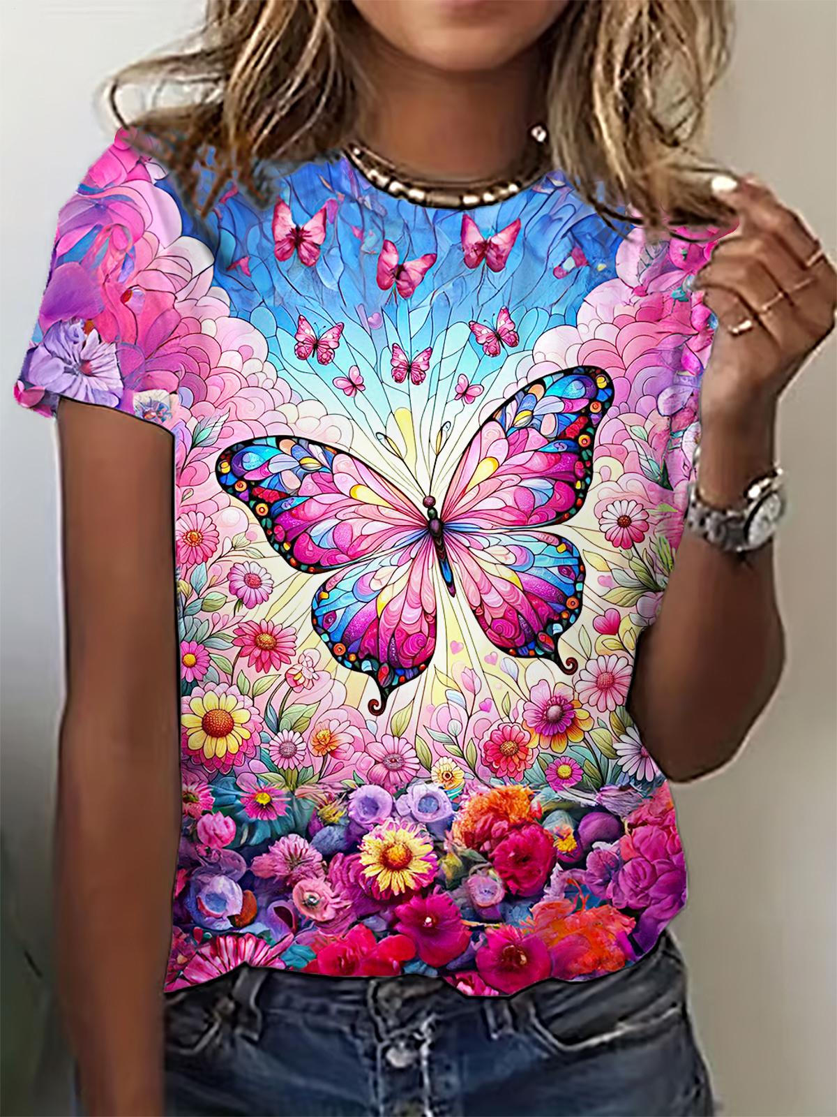 Spring Retro Butterfly Floral Crew Neck T-shirt