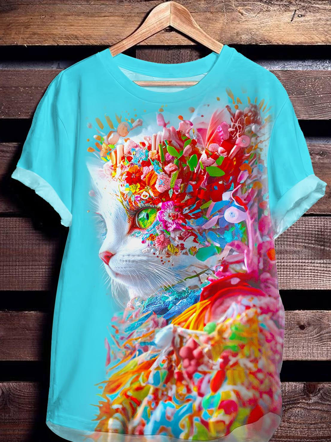 Cute Floral Cat Printed Crew Neck T-shirt