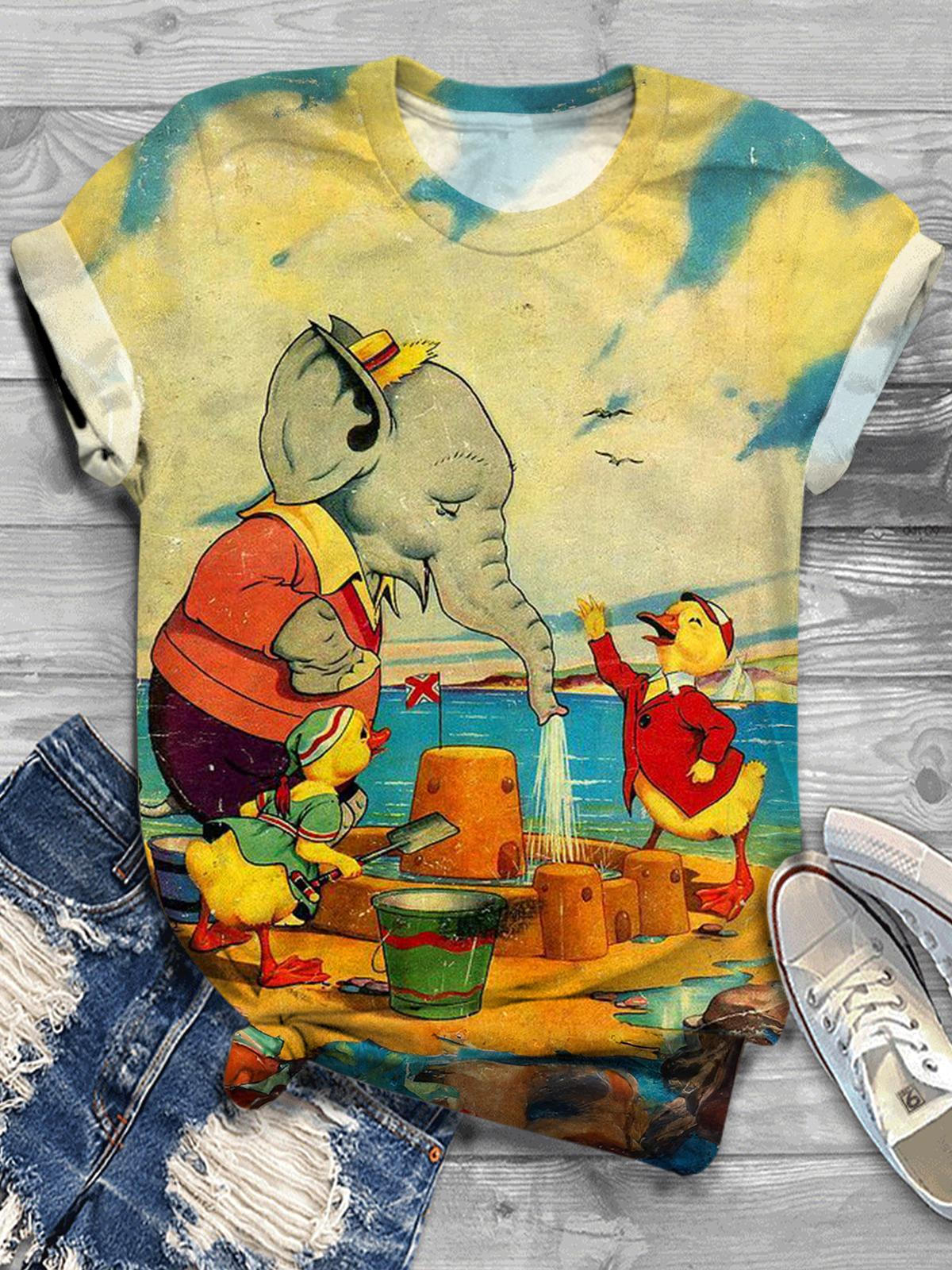 Vintage Elephant And Ducks Crew Neck T-shirt