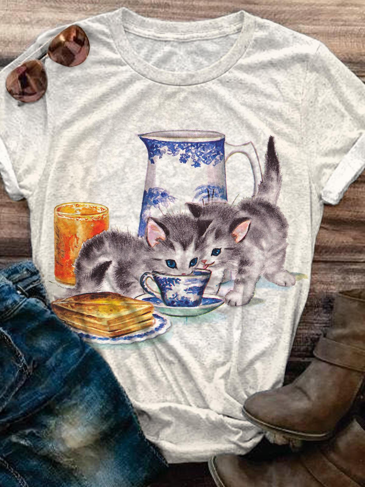 Vintage Cute Kitten Print Crew Neck T-shirt