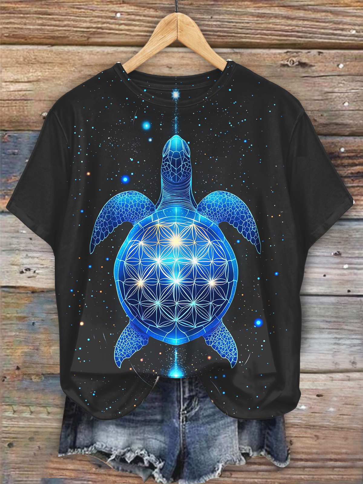 글리터 바다거북 아트 크루넥 티셔츠