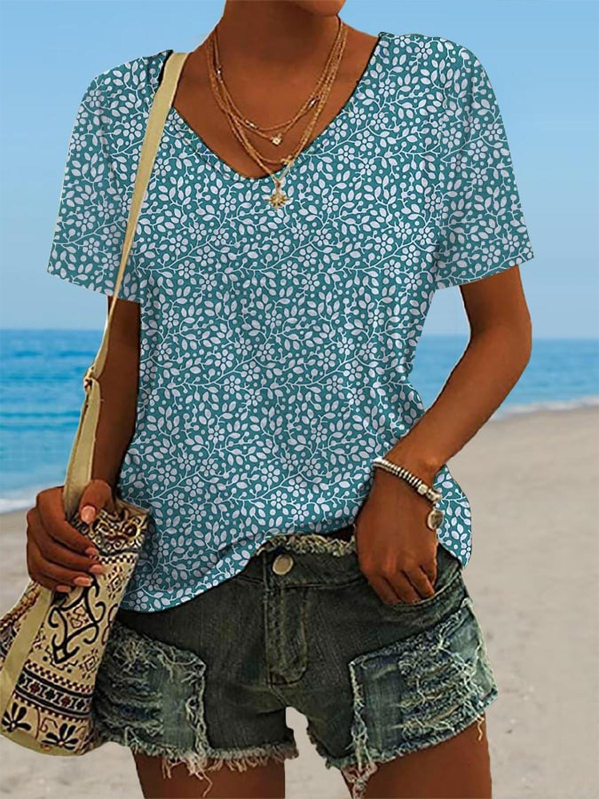Floral V-Neck Short Sleeve T-Shirt