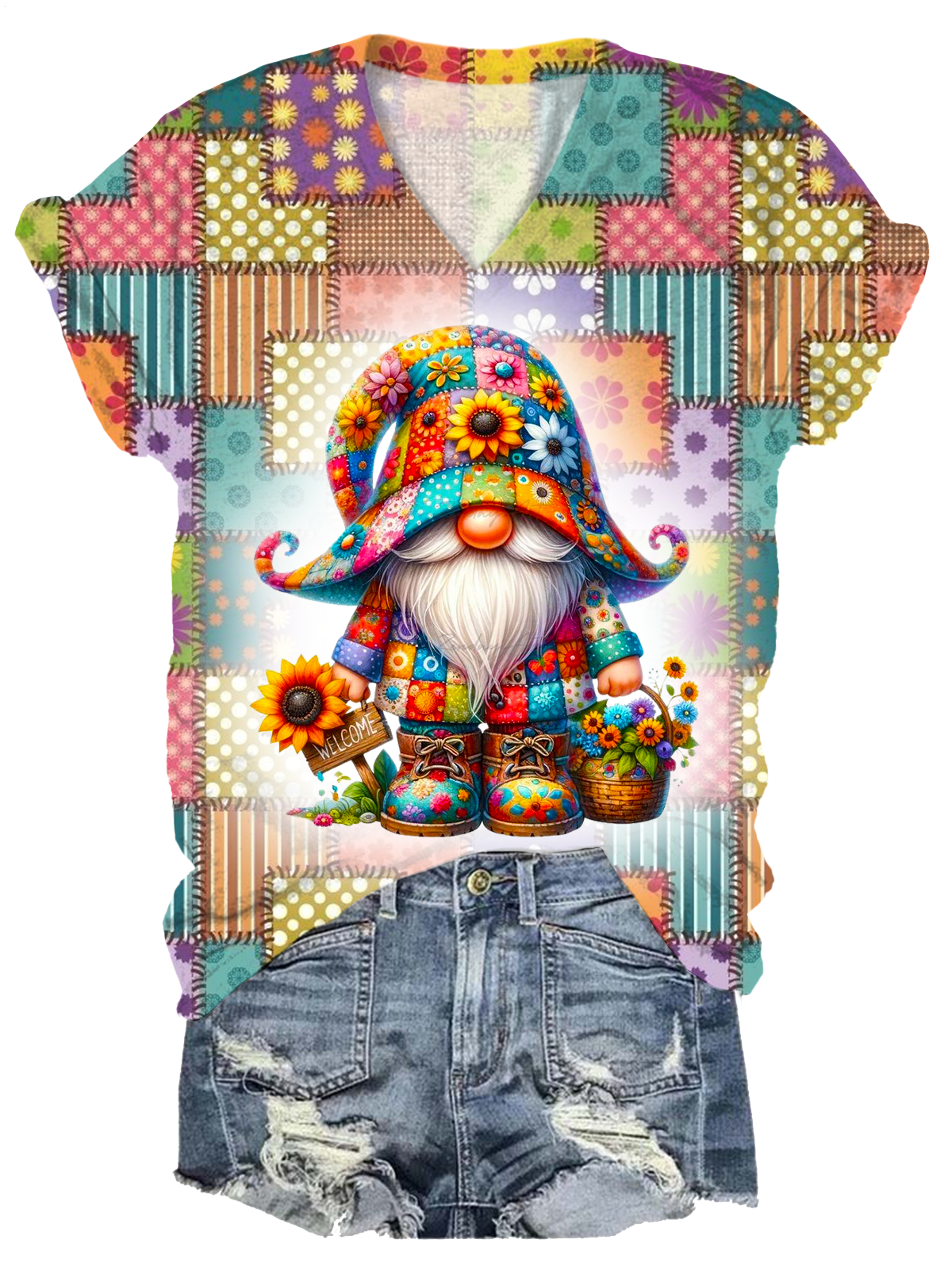 Retro Bohemian Patchwork Floral Gnome V-neck T-Shirt