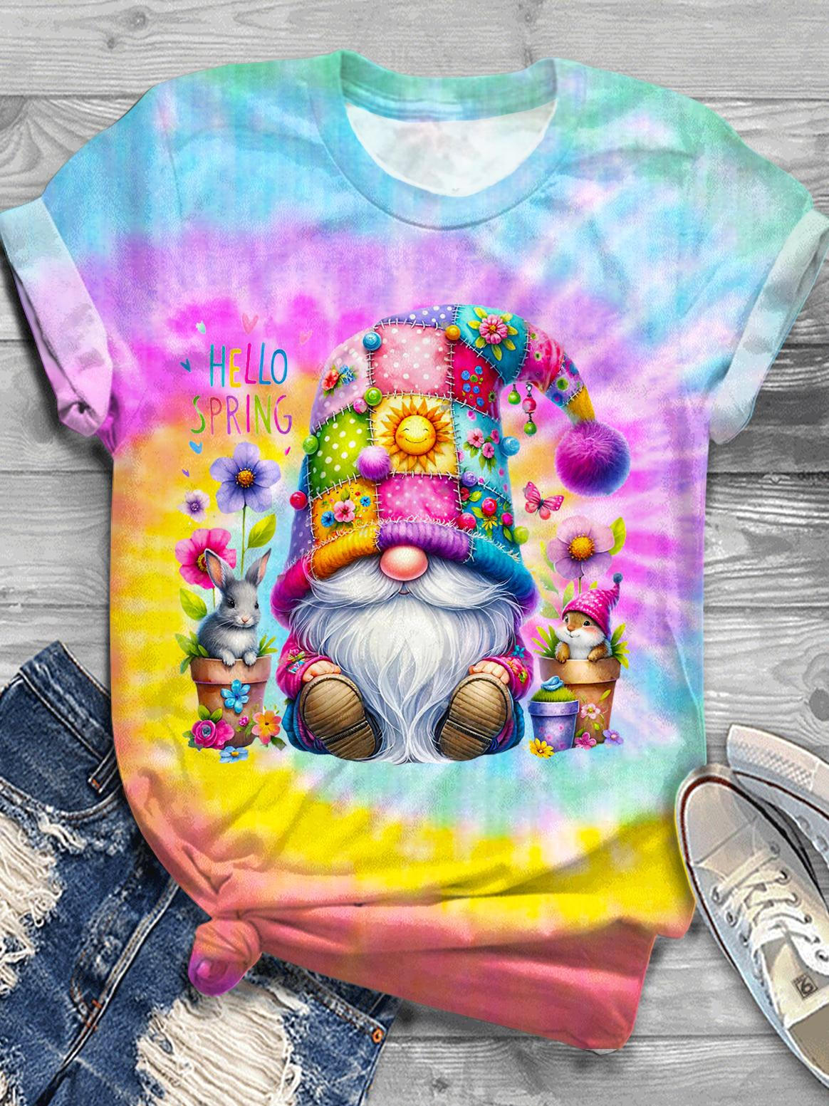 Summer Spring Gnome Flowers Neck T-shirt