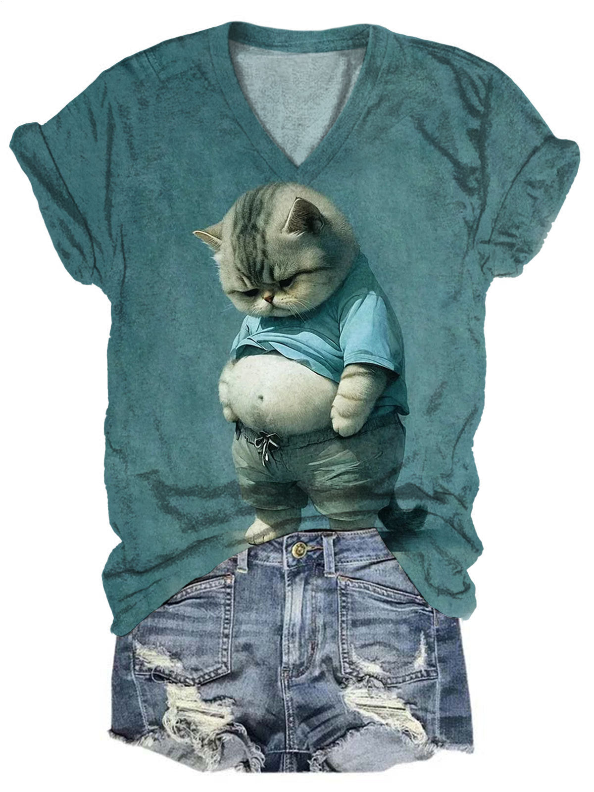 おもしろ猫プリントVネック半袖Tシャツ