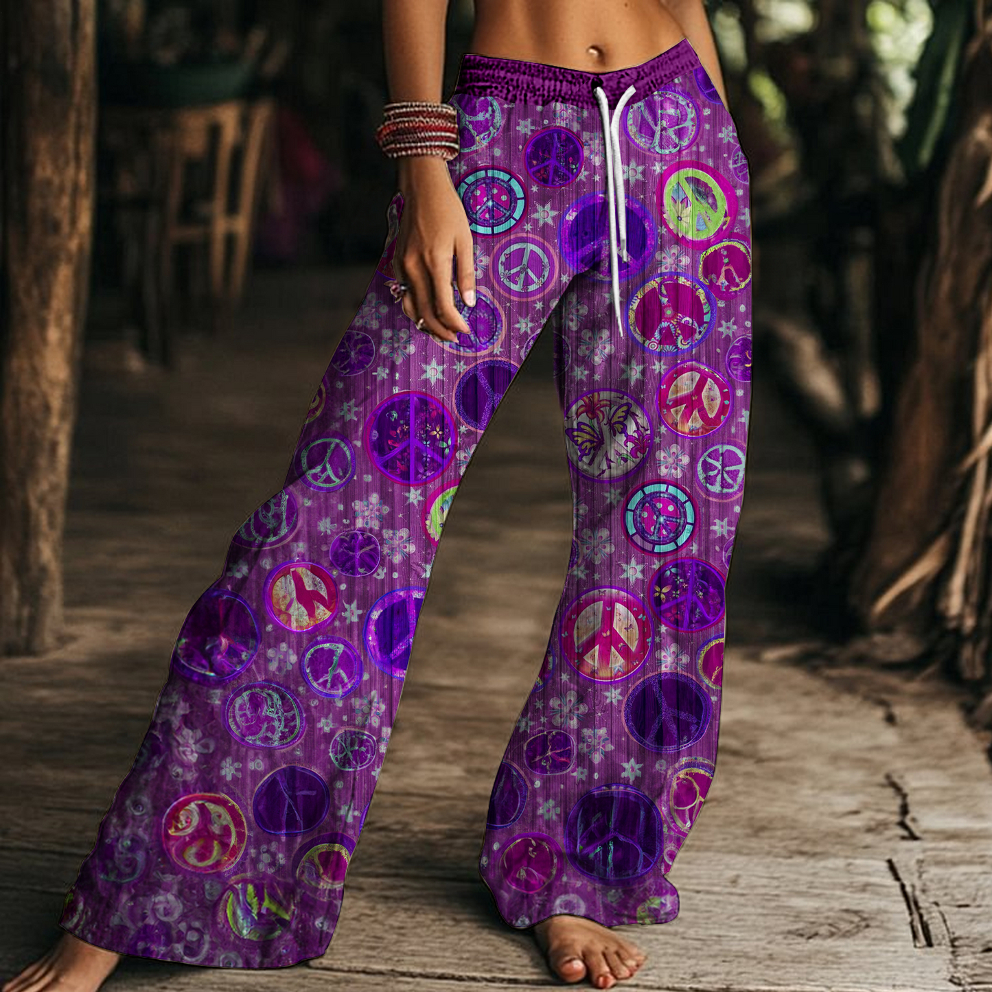 Vintage Tie Dye Peace Hippie Art Women's Drawstring Wide-Leg Pants