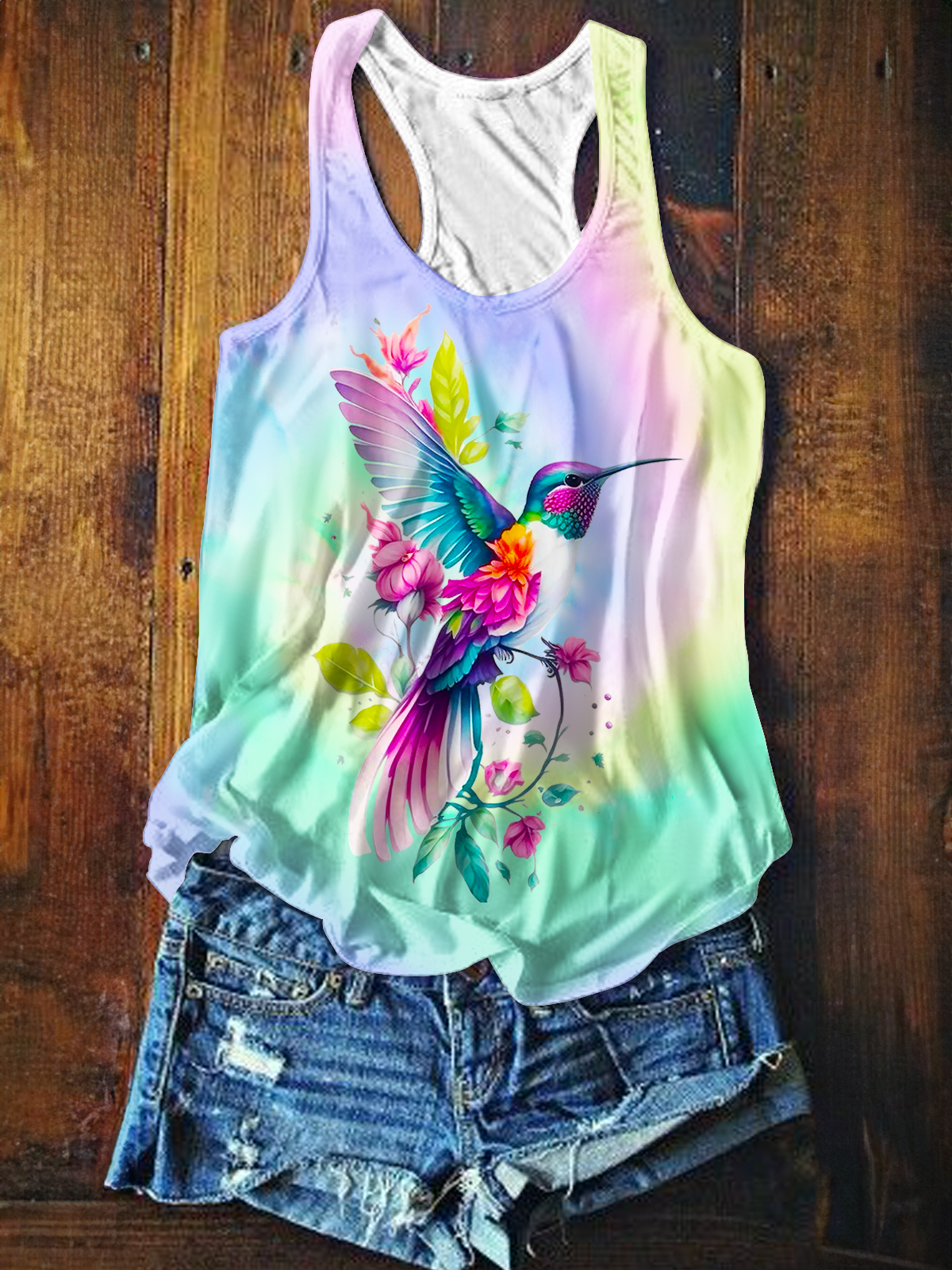 Tie-dye Hummingbird Flowers Printed Casual Tank Top