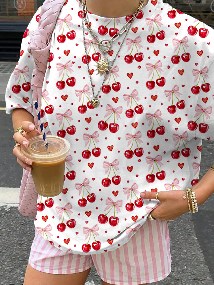 Cherry Bow Print Crew Neck T-shirt
