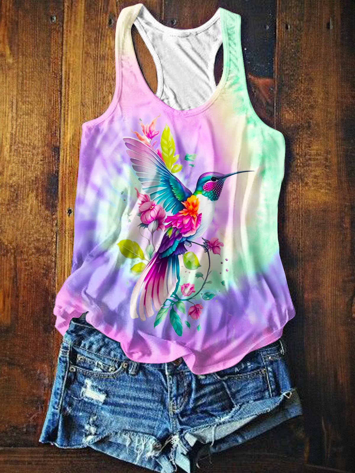 Débardeur décontracté imprimé fleurs colibri tie-dye