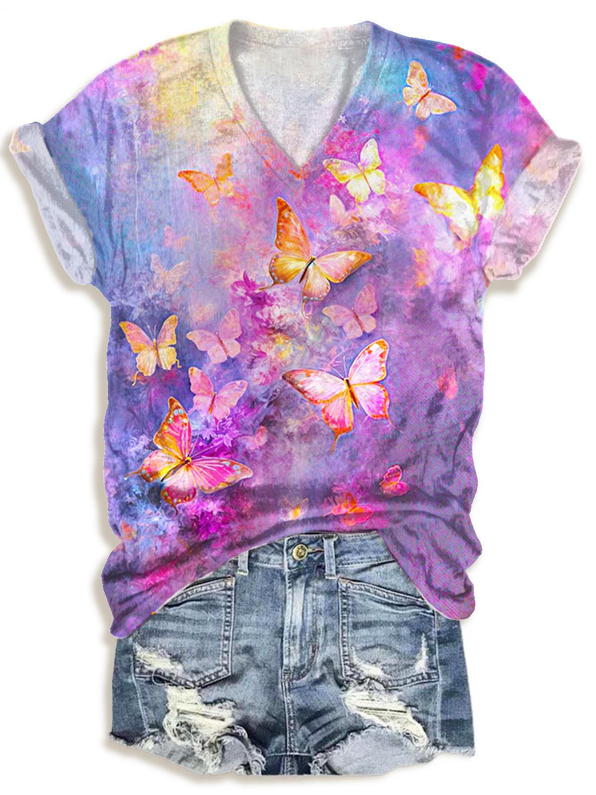 パープルファンタジーバタフライVネックTシャツ