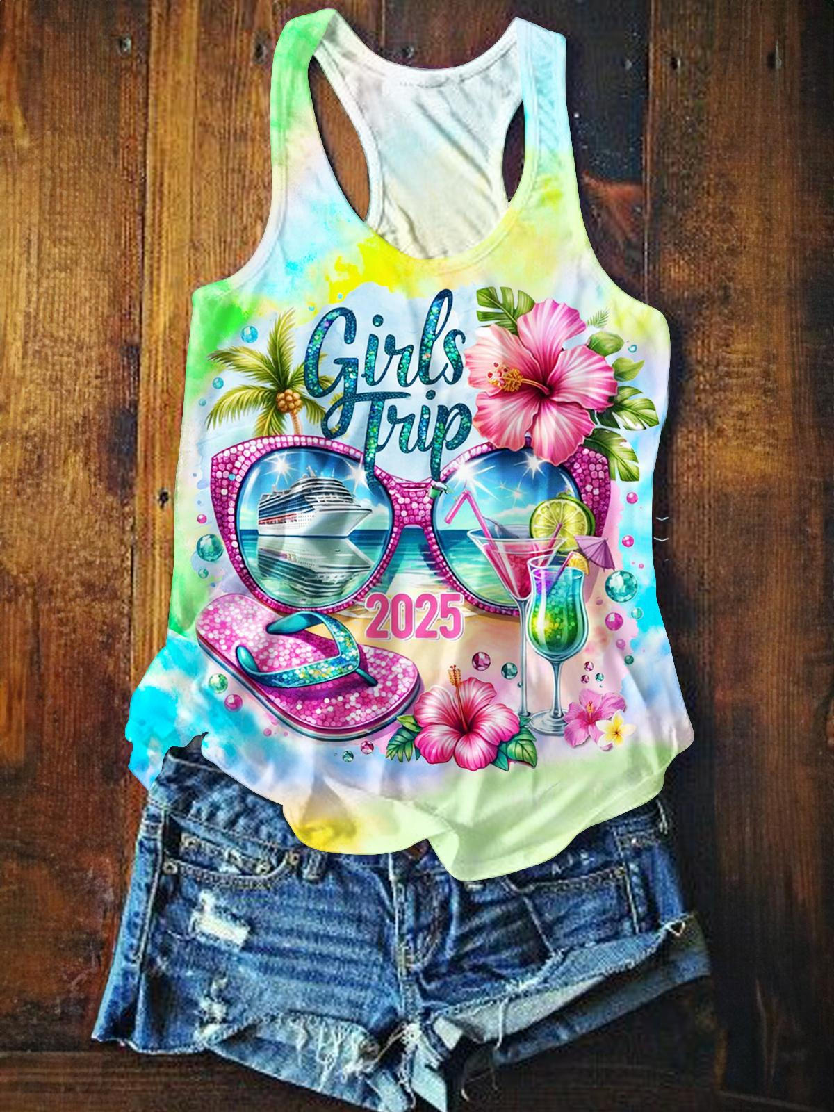 ガールズトリップバケーションプリントカジュアルタンクトップ