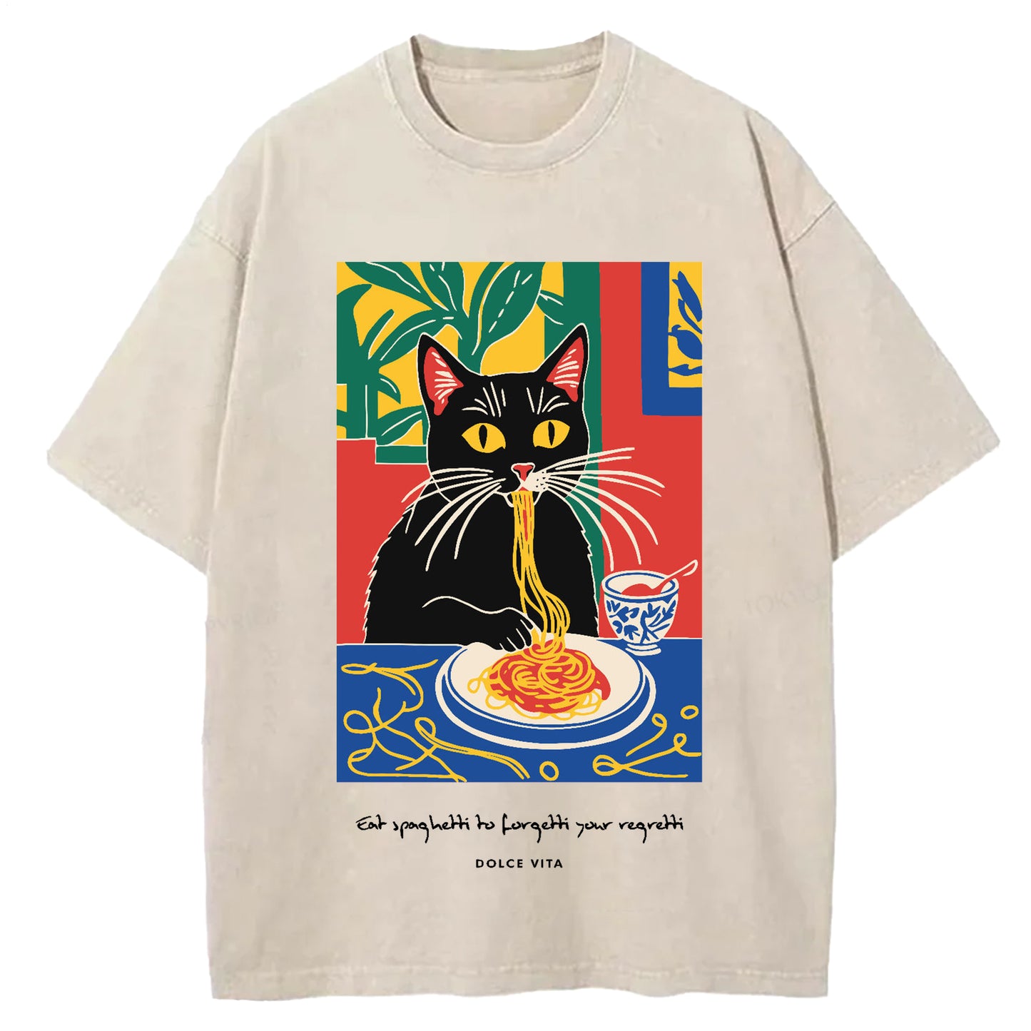 Cat Eating Ramen Vintage Washed Crew Neck T-Shirt