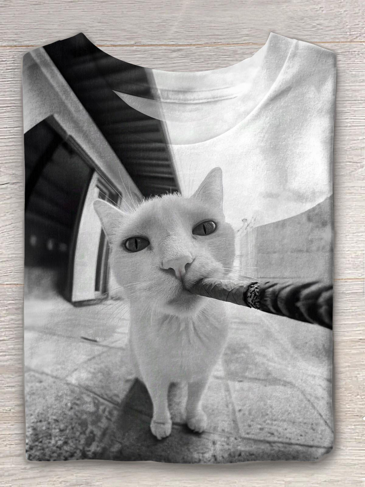 웃긴 고양이 흡연 크루넥 티셔츠