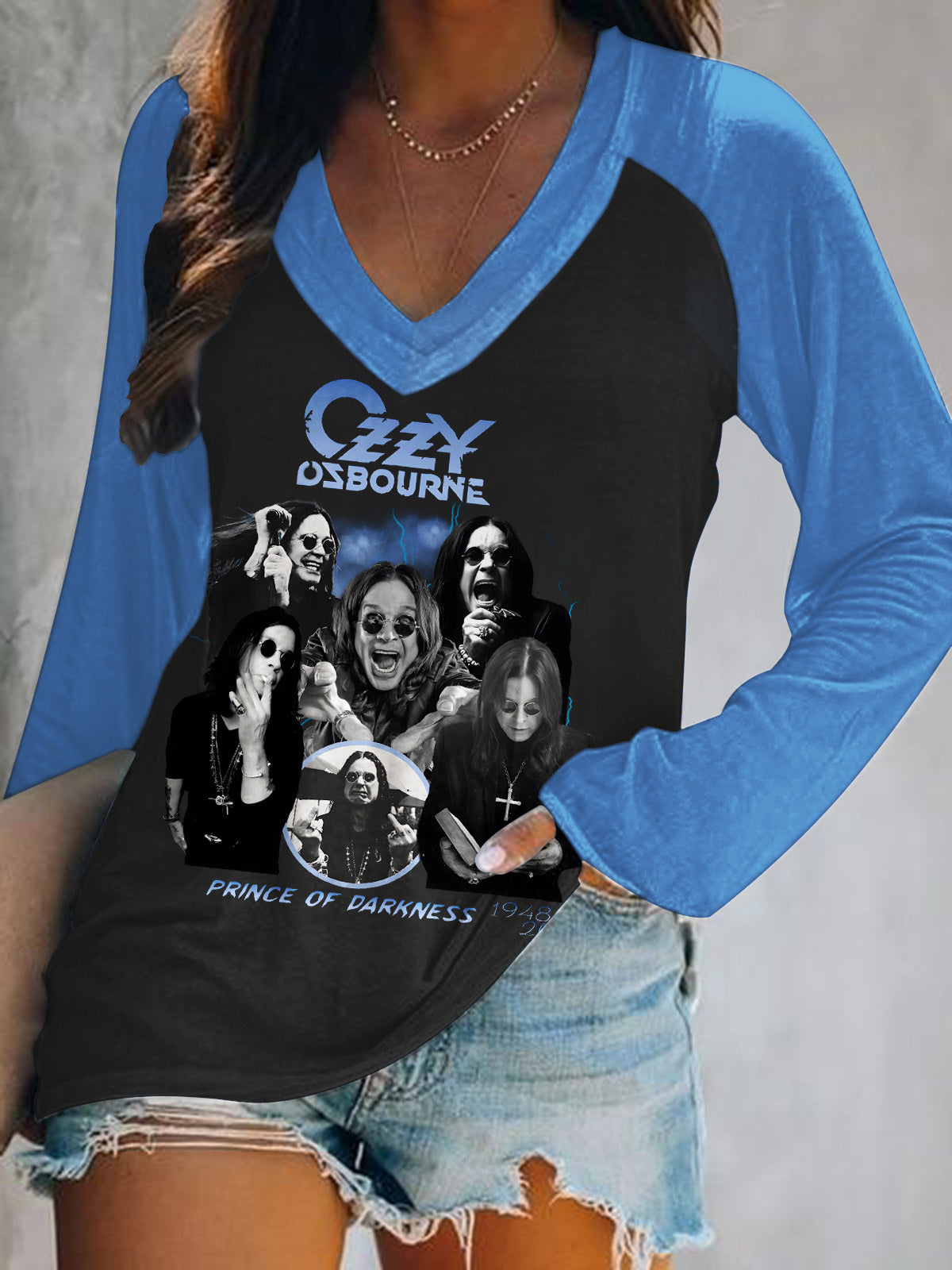 Ozzy Osbourne Print V-Neck Long Sleeve Top