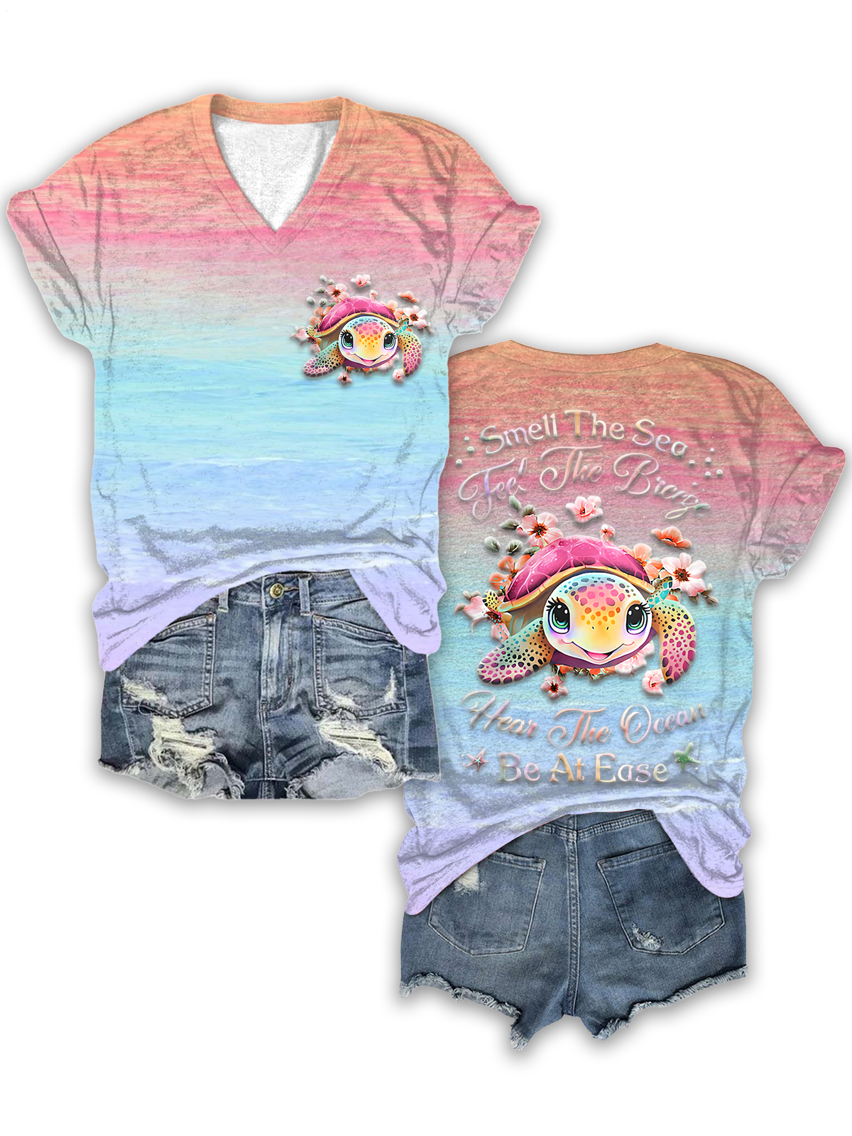 T-shirt tortue de mer tranquille T-shirt col V « Sentez la mer, ressentez la brise »