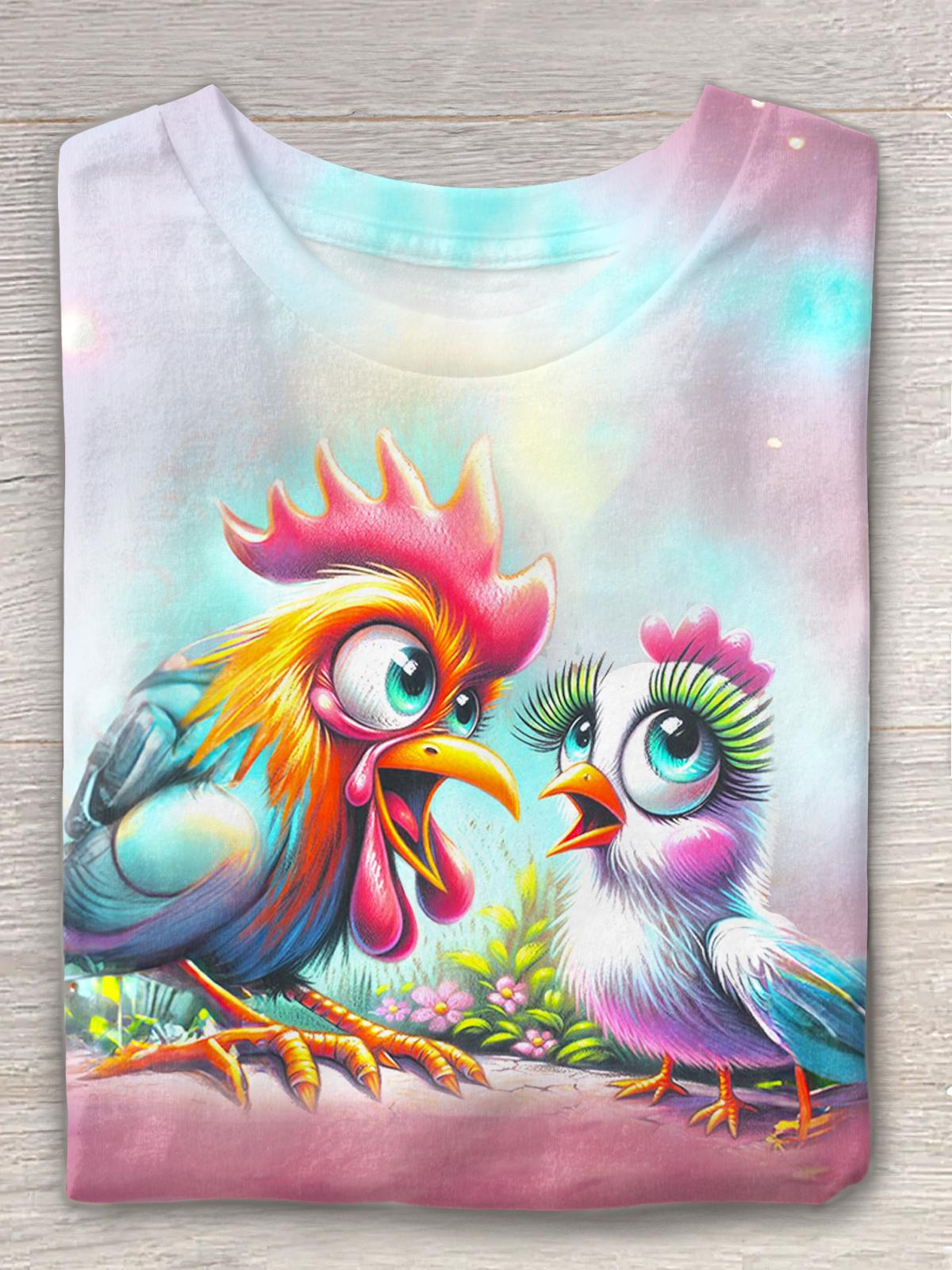 Cute Funny Chick Print Crew Neck T-shirt