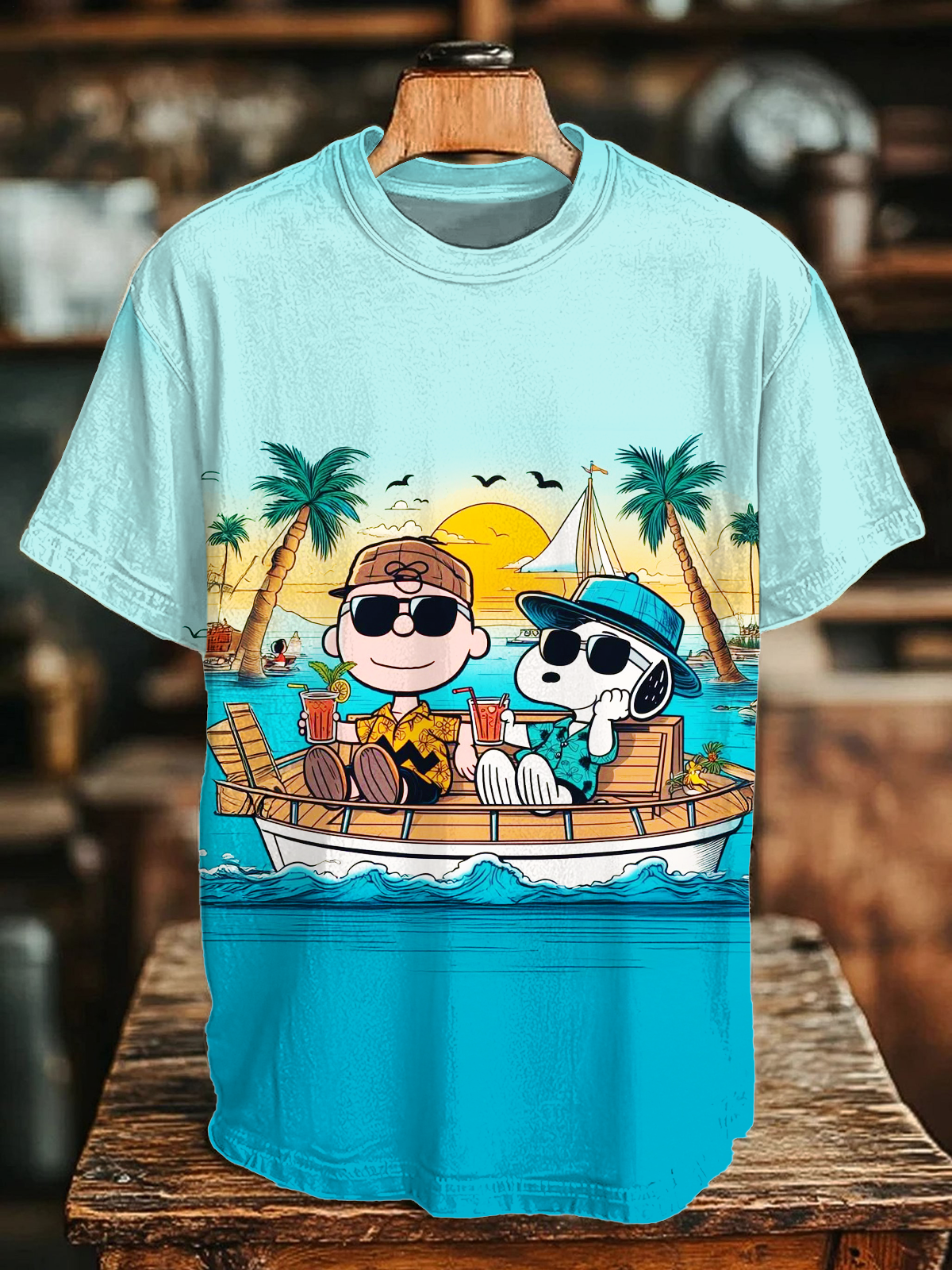 Fun Vacation Snoopy Sunset Island Drifting Crew Neck T-shirt