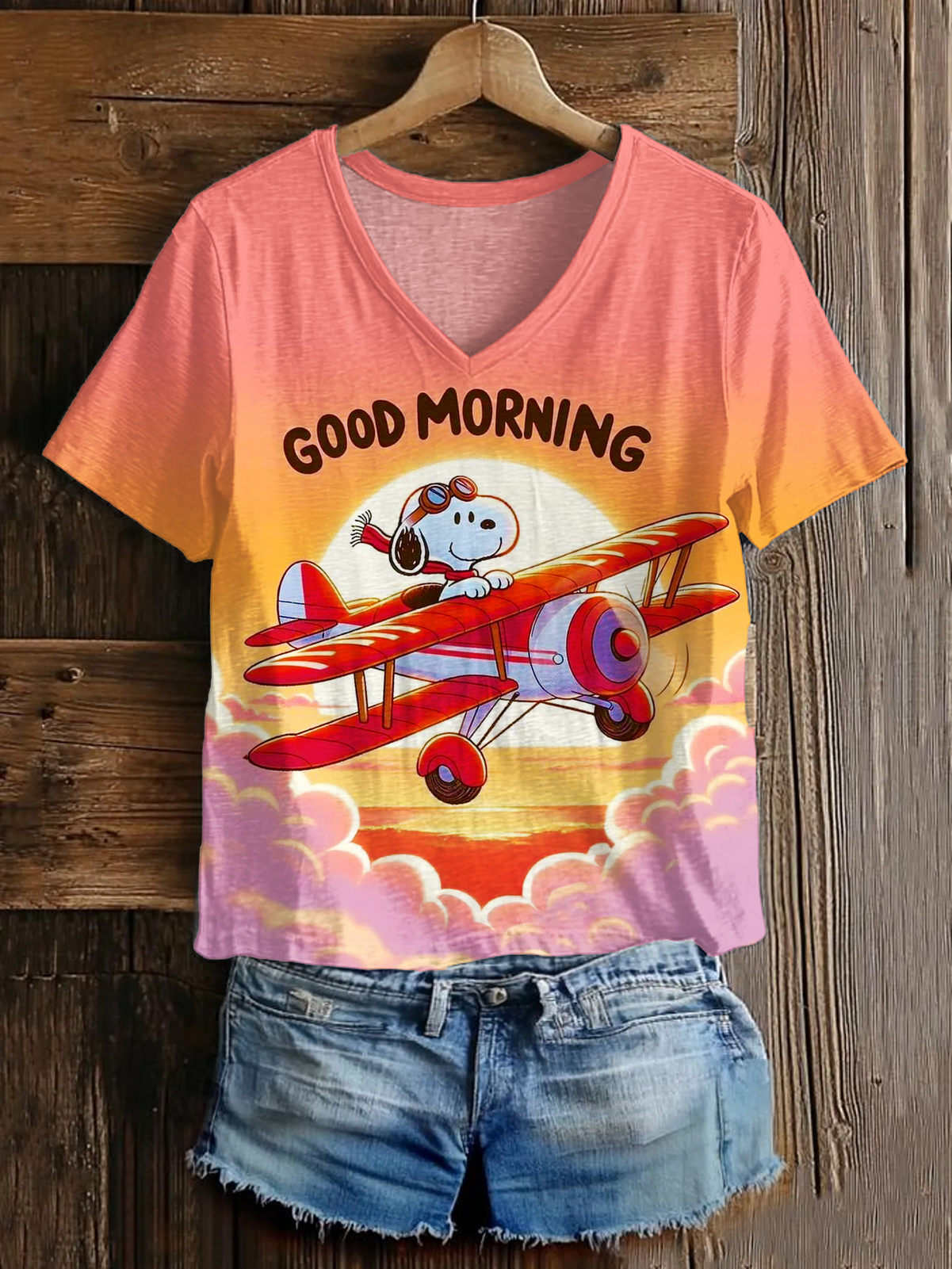 Good Morning Fun Vacation Flying Snoopy V-neck T-Shirt