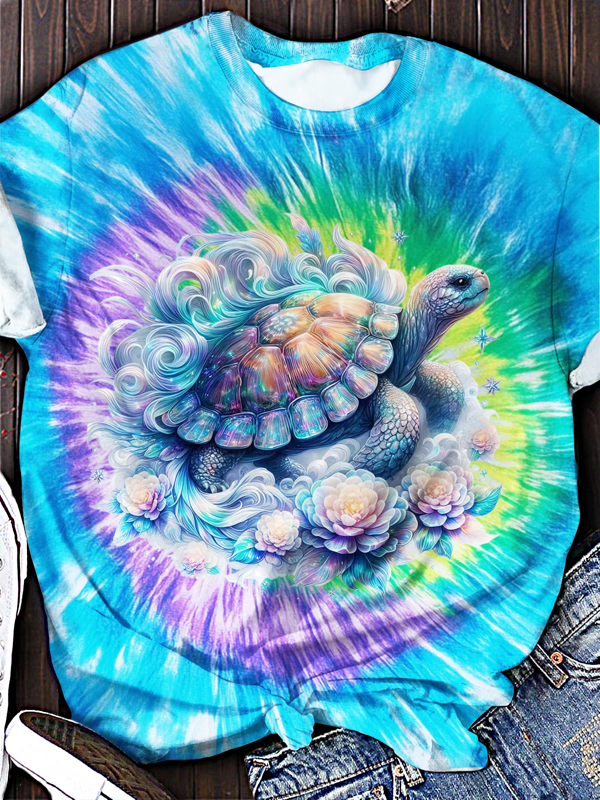 Glowing Laser Flowers Turtle Crew Neck T-shirt