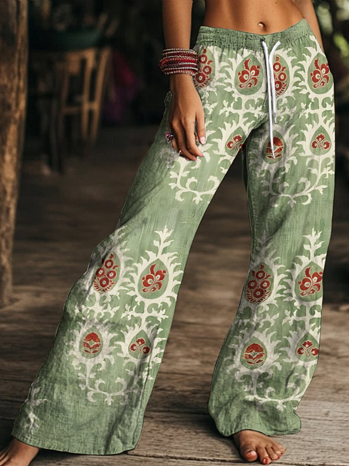 Retro Ethnic Pattern Art Women's Drawstring Wide-Leg Pants