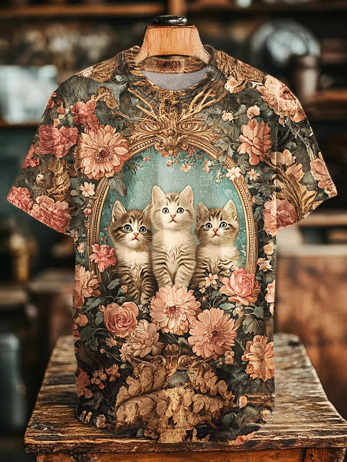 Retro Flowers And Cat Printed Crew Neck T-shirt