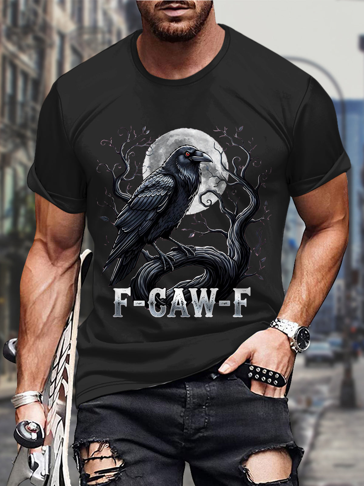 Fun Crow Printed Round Neck Short Sleeve Men's T-shirt