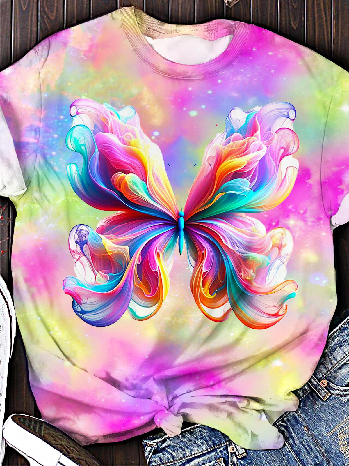 春夏向けカラフルバタフライプリントクルーネックTシャツ