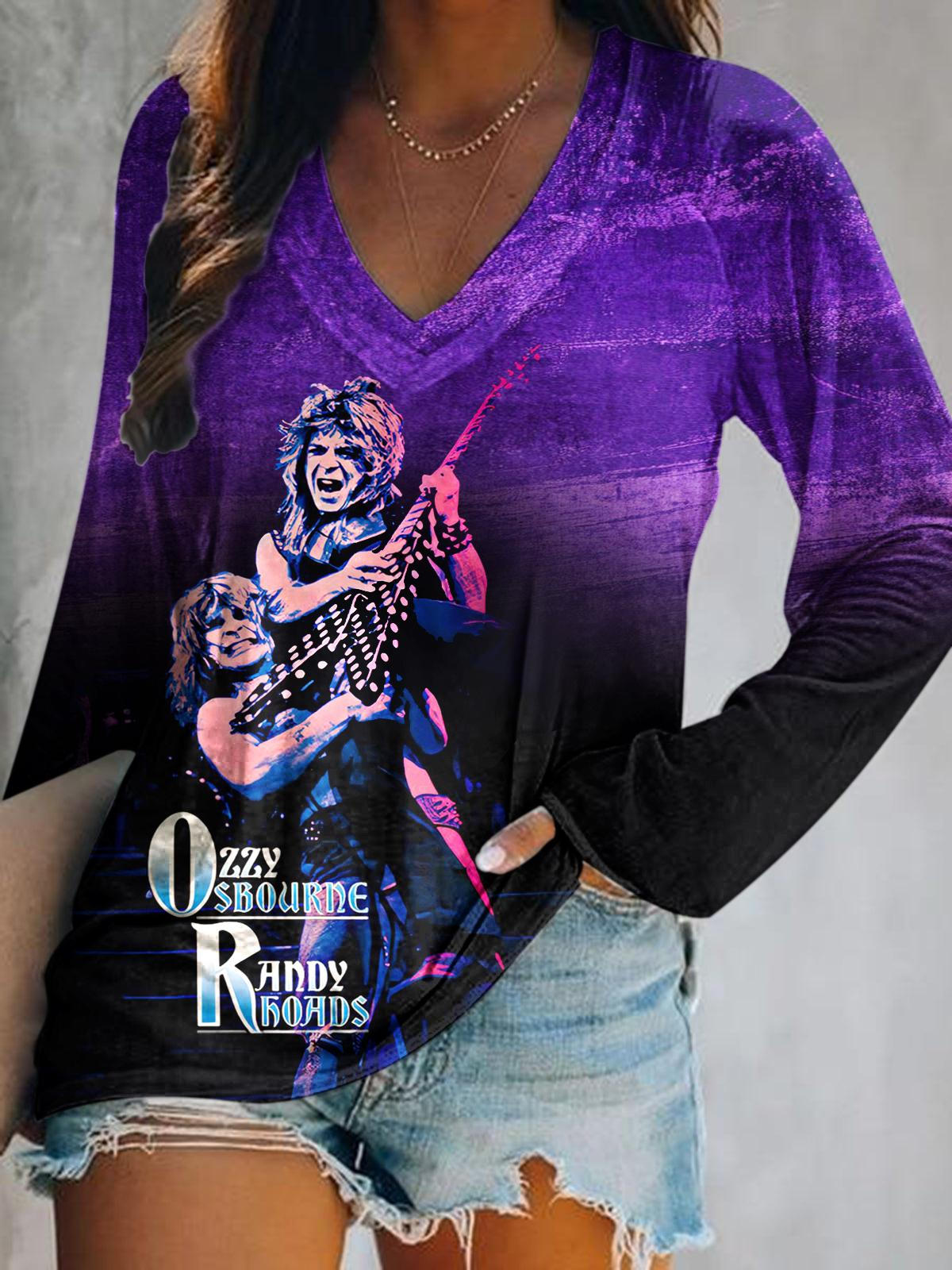 Ozzy Osbourne Print V-Neck Long Sleeve Top