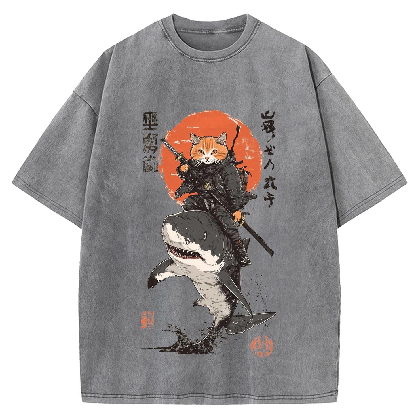 Japanese Frog Samurai Round Neck Washed T-Shirt