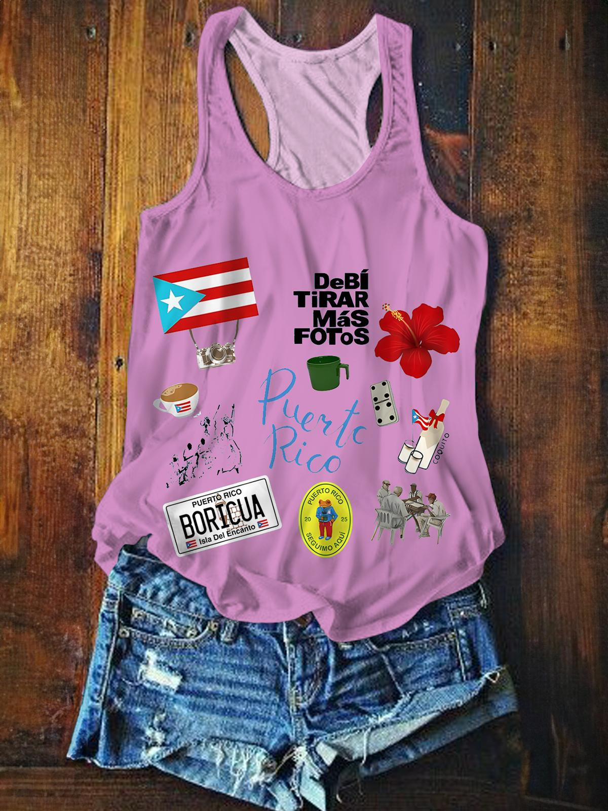 Purple Dtmf Puerto Rico Printed Casual Tank Top