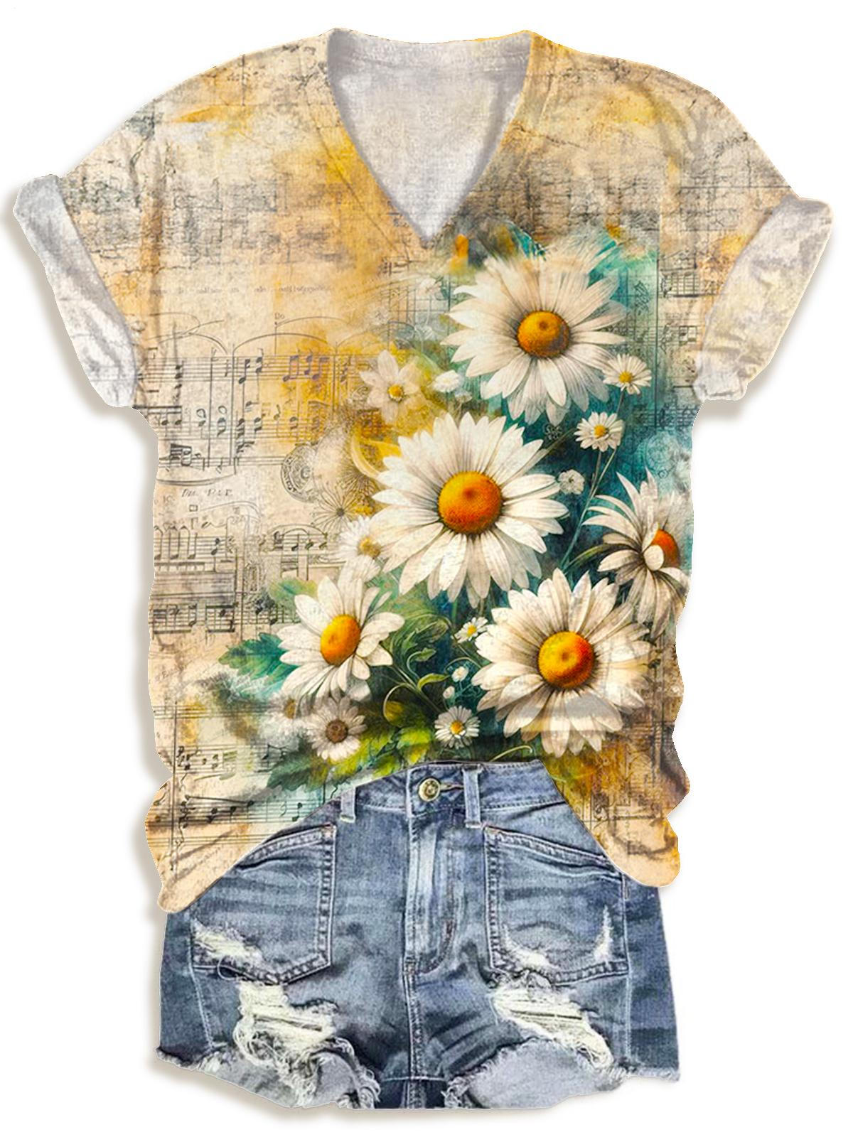 Vintage Daisy Print V-neck T-Shirt