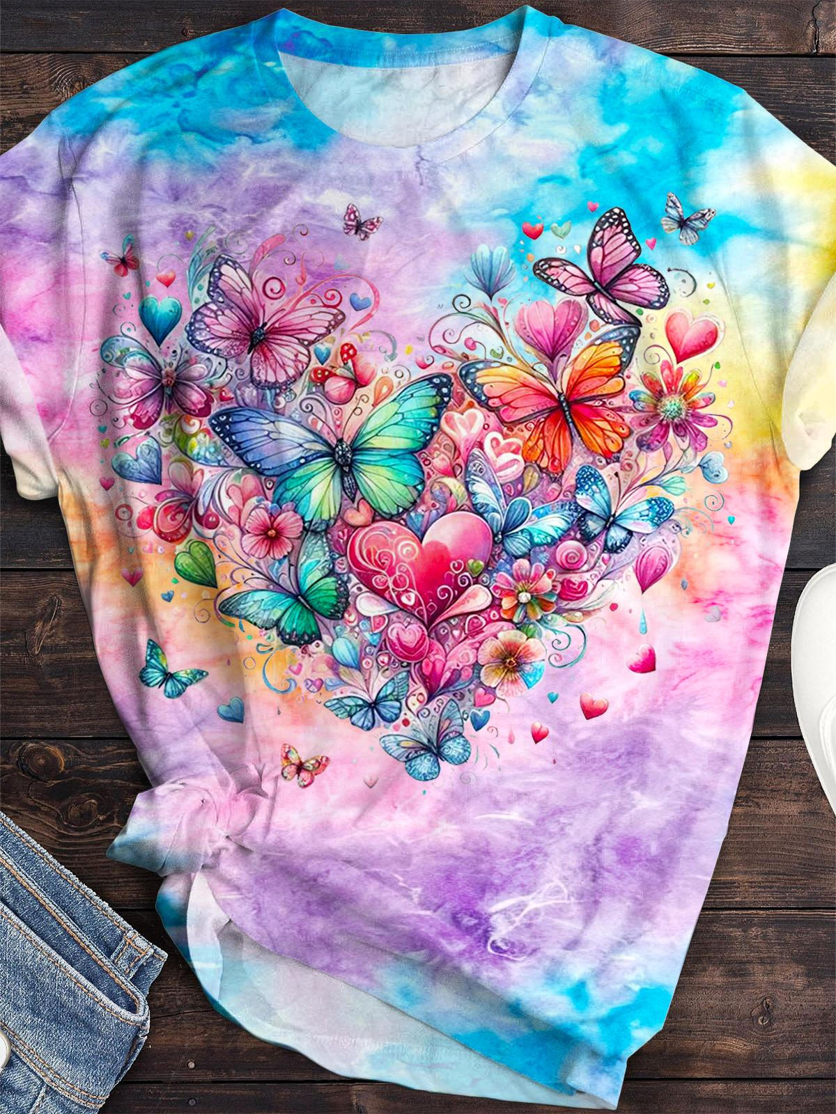 Retro Spring Floral Butterfly Heart Print Crew Neck T-shirt