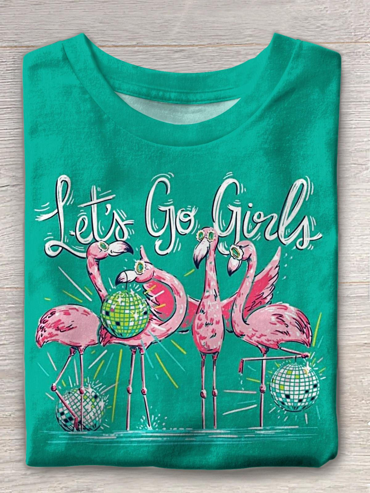 Spring And Summer Vacation Flamingo Print Crew Neck T-shirt