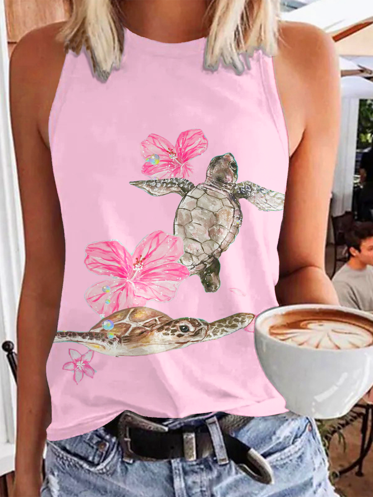 Floral Turtles Art Print Casual Sleeveless Top