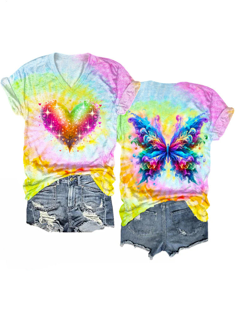 タイダイハートバタフライプリントVネックTシャツ