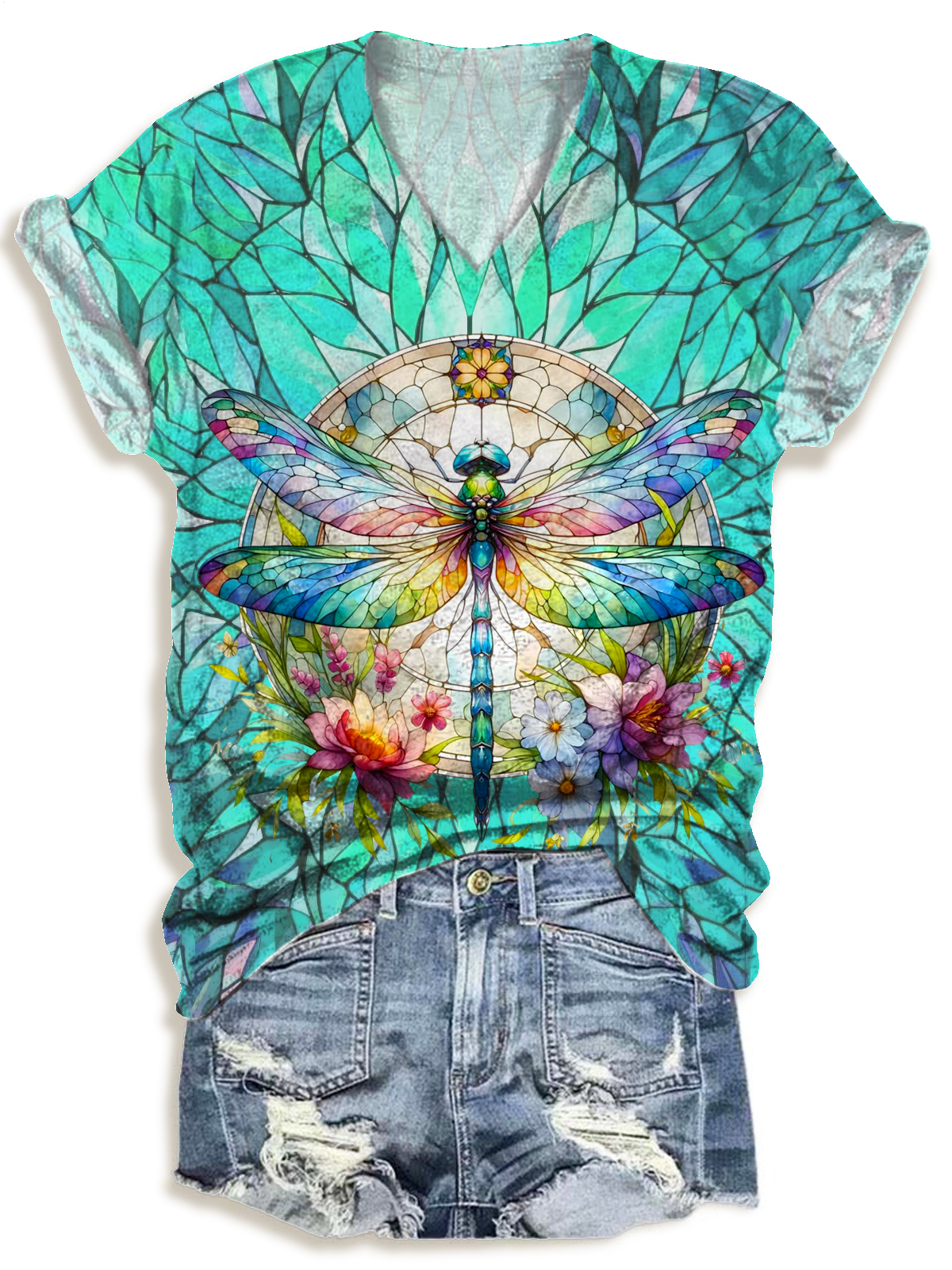 Mysterious Flower Window Dragonfly Print V-neck T-Shirt